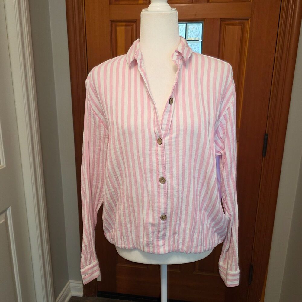 BeachLunchLounge Pink Stripe Button Boxy Shirt Cotton Relaxed Coastal Preppy M